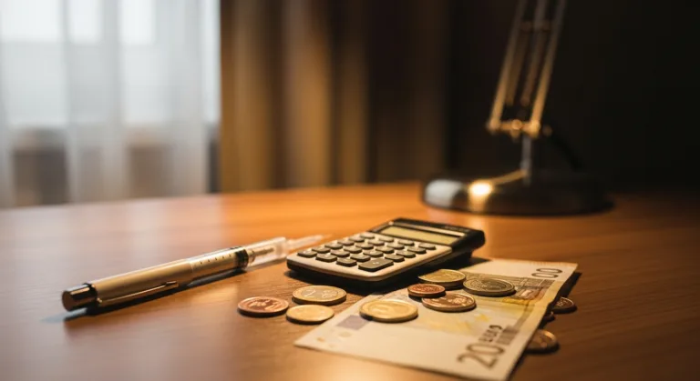Abnehmspritze Preise 2026 — Injektionspen neben Taschenrechner und Euro-Münzen