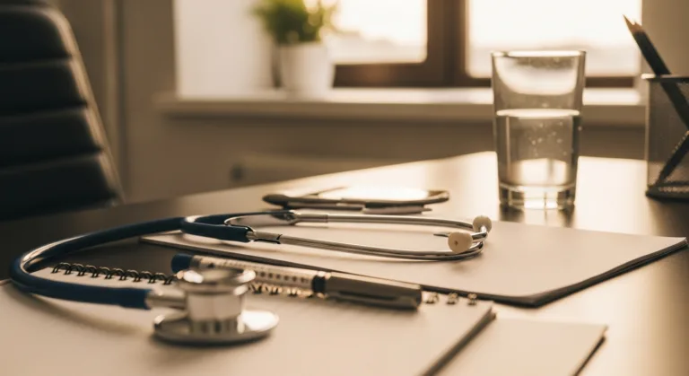 Abnehmspritze Wirkung und Risiken — medizinischer Stethoskop neben Injektionspen und Notizblock