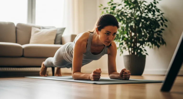 Bauchfett verlieren — Frau macht Planke auf Yogamatte im Wohnzimmer