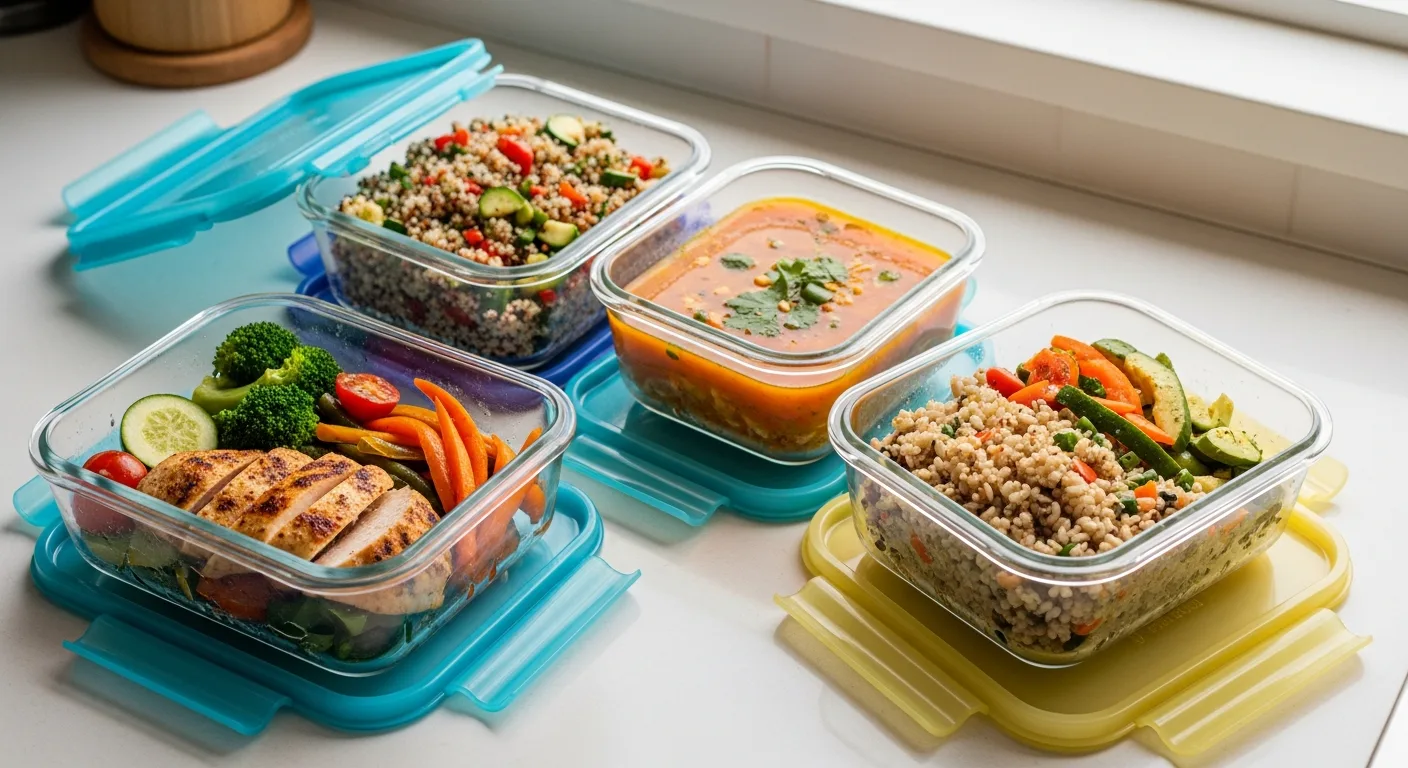 10 einfache Rezepte zum Abnehmen — bunte Meal-Prep Schüsseln mit Gemüse und Proteinen