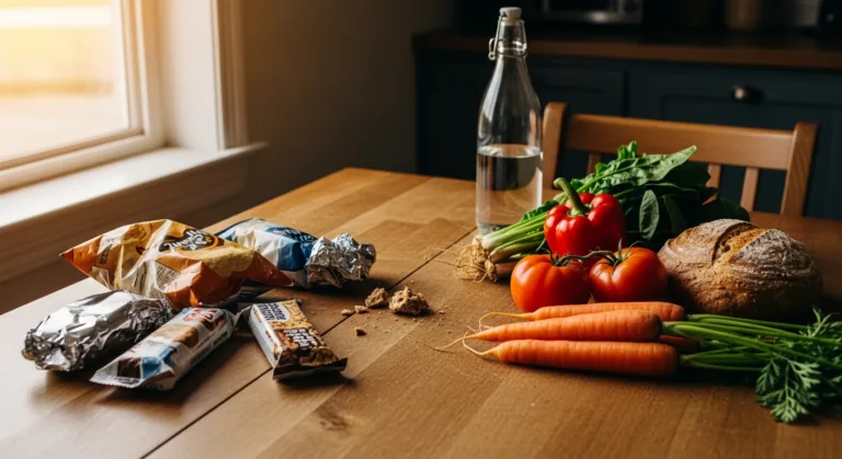 Ernährungsumstellung zum Abnehmen — frisches Gemüse und Vollkornprodukte auf dem Küchentisch