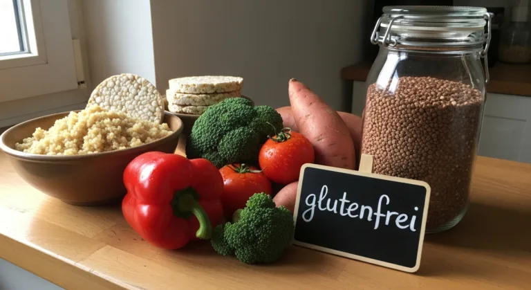 Glutenfrei abnehmen — glutenfreie Lebensmittel wie Reis, Quinoa und Gemüse auf dem Tisch