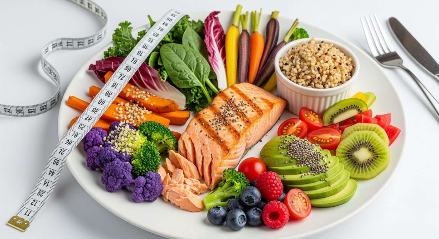 Gesunde Lebensmittel und Massband zur Berechnung des Kaloriendefizits