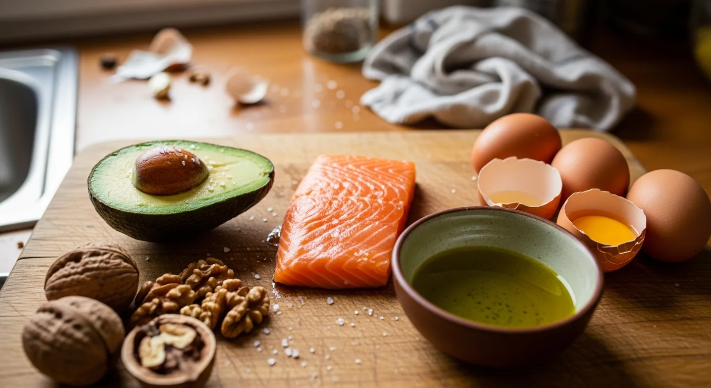 Ketogene Ernährung Grundlagen — Avocado, Lachs und Nüsse als typische Keto-Lebensmittel