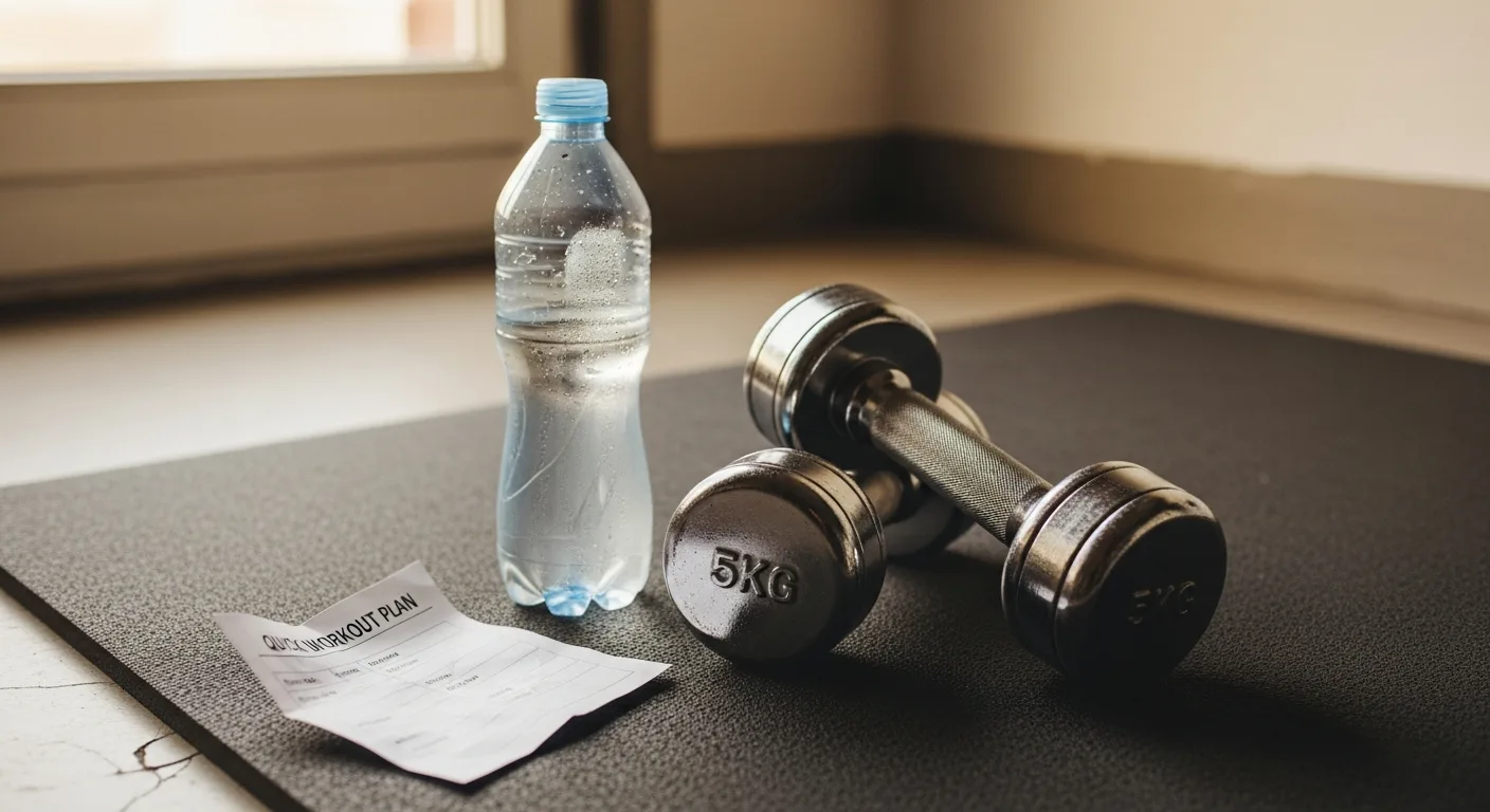Krafttraining zum Abnehmen — Kurzhanteln und Trainingsplan auf einer Fitnessmatte