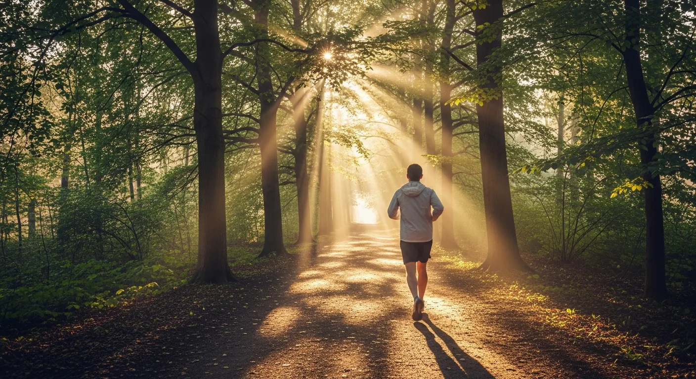 Laufen zum Abnehmen — Joggerin auf einem Waldweg in der Morgensonne