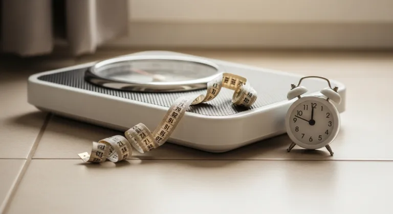 Schnell abnehmen — Waage, Maßband und Stoppuhr als Symbole für effektiven Gewichtsverlust