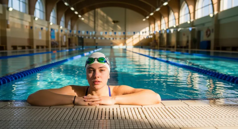 Schwimmen zum Abnehmen — Schwimmerin im Hallenbad mit Schwimmbrille