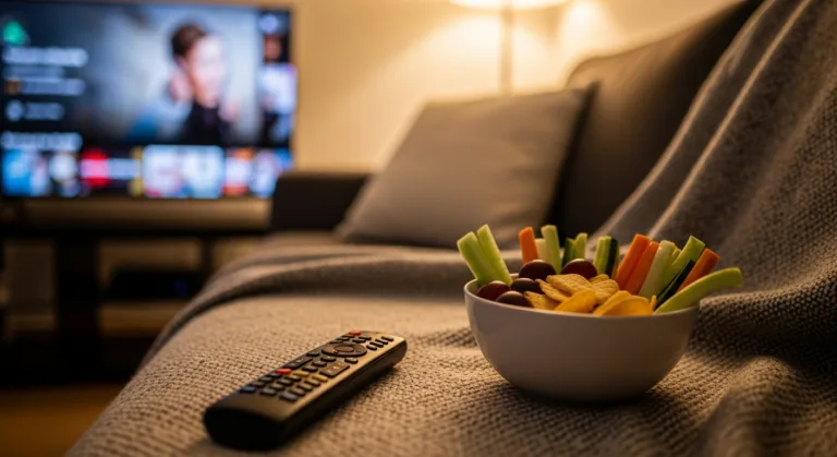 Mit Serien abnehmen — Frau auf der Couch mit gesunden Snacks statt Chips