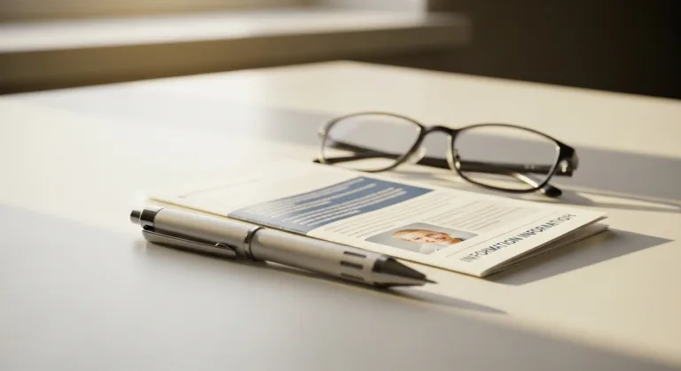 Was ist eine Abnehmspritze — Injektionspen neben Informationsbroschüre auf einem Schreibtisch