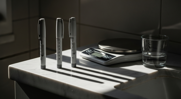 Drei Mounjaro 12,5 mg Pens auf Marmor-Badezimmertheke neben Waage