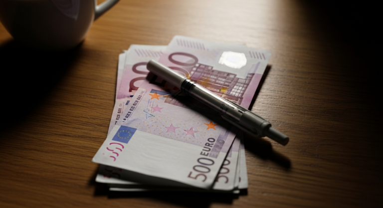Mounjaro 15 mg Pen neben 500 Euro Bargeld auf Holztisch, Symbol fuer Therapiekosten