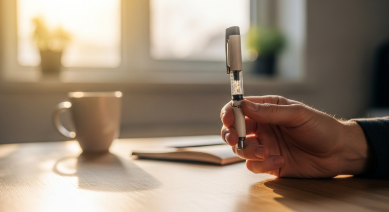 Mounjaro 2,5 mg Pen liegt auf Holztisch in heimischer Kueche, Therapiestart-Moment