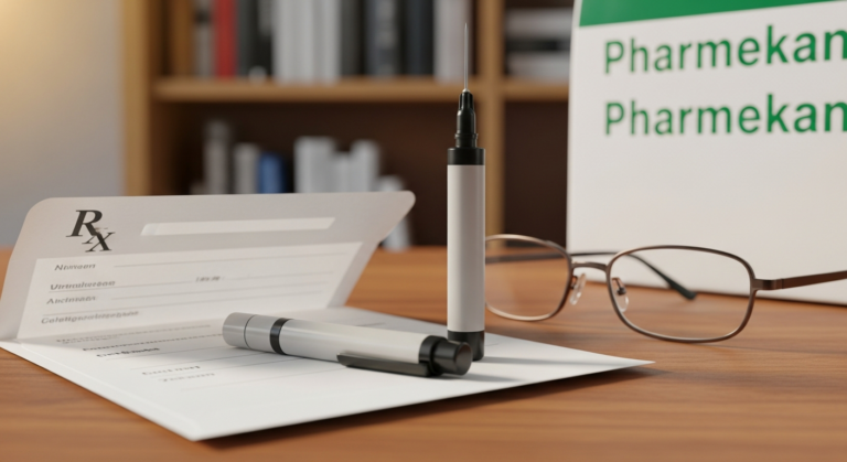 Mounjaro 7,5 mg Pen mit Rezept und Lesebrille auf Holzschreibtisch