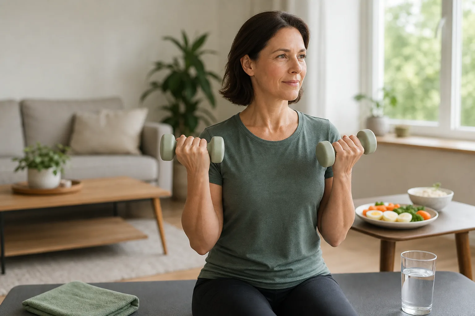 Frau macht Krafttraining mit Kurzhanteln, im Hintergrund proteinreiches Essen