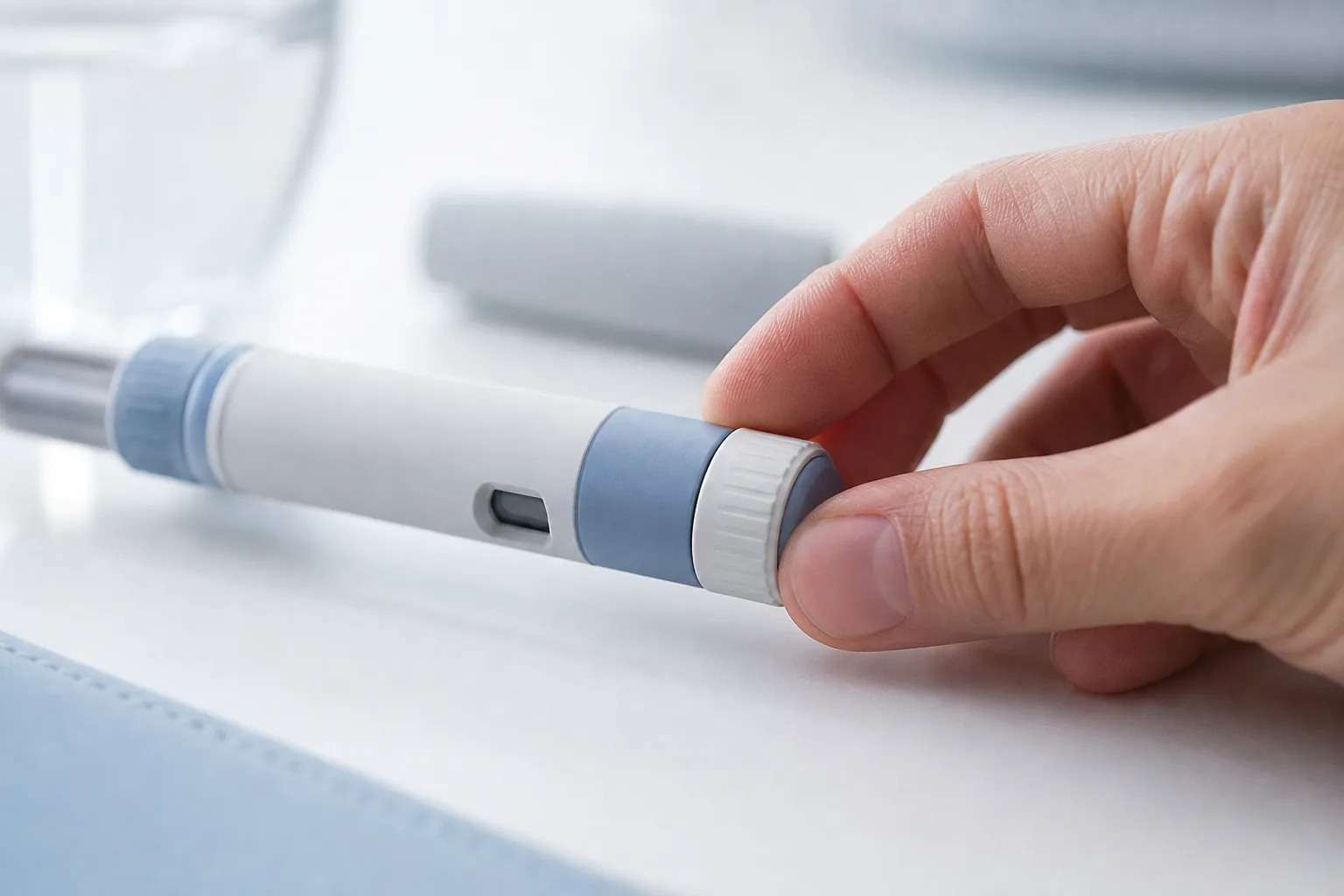 Hand stellt am Dosis-Waehlrad eines Injektions-Pens die Dosis ein