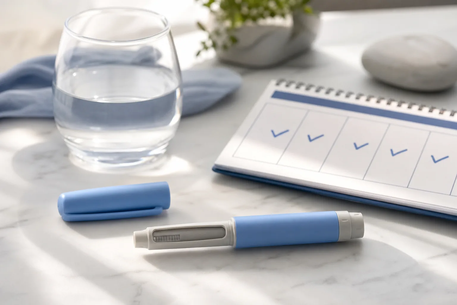 Injektions-Pen neben Wasserglas und Wochenkalender als Symbol fuer die woechentliche Routine