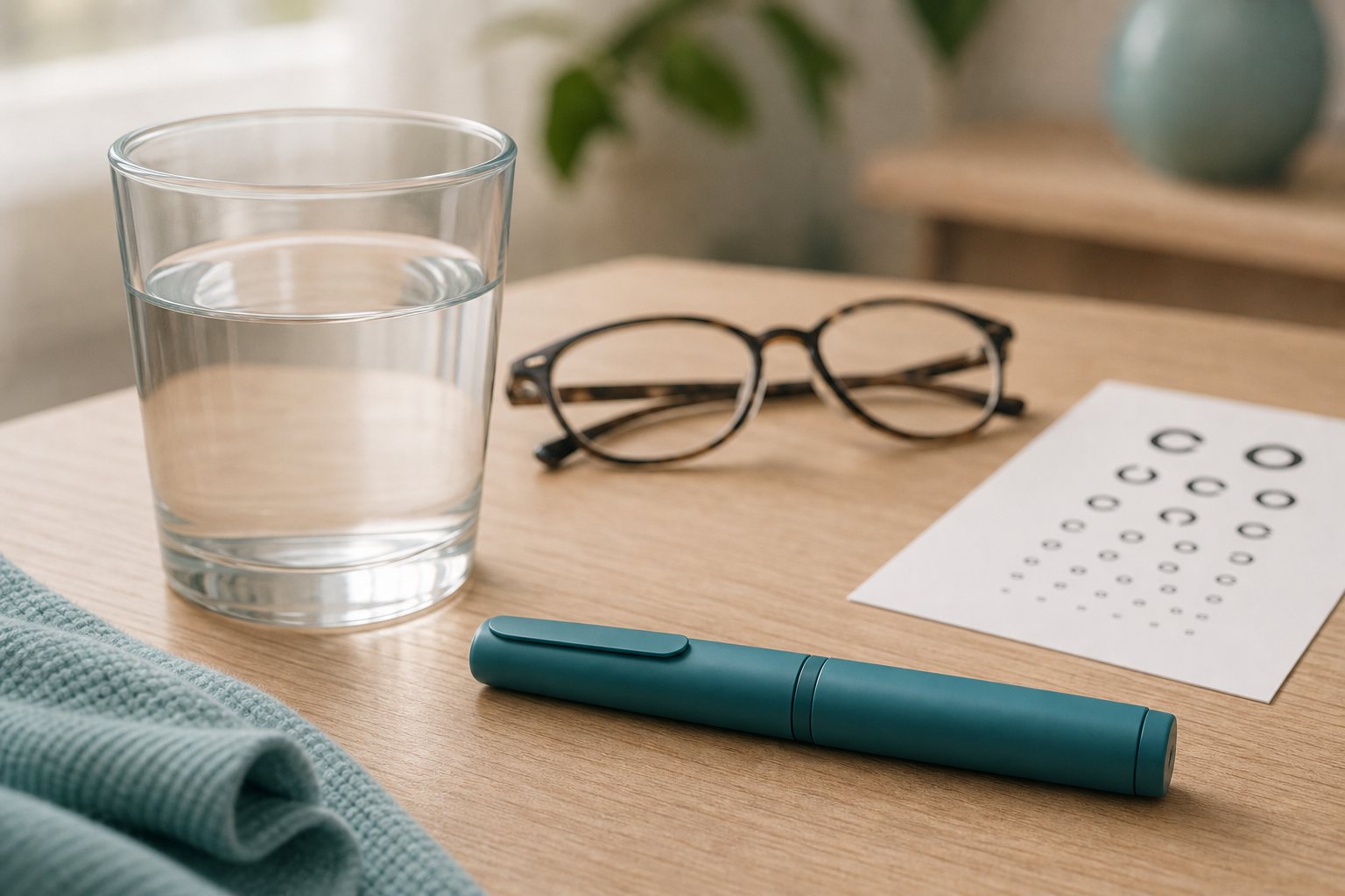Ozempic-Pen neben Wasserglas, Brille und Augen-Sehtest-Karte auf einem Tisch