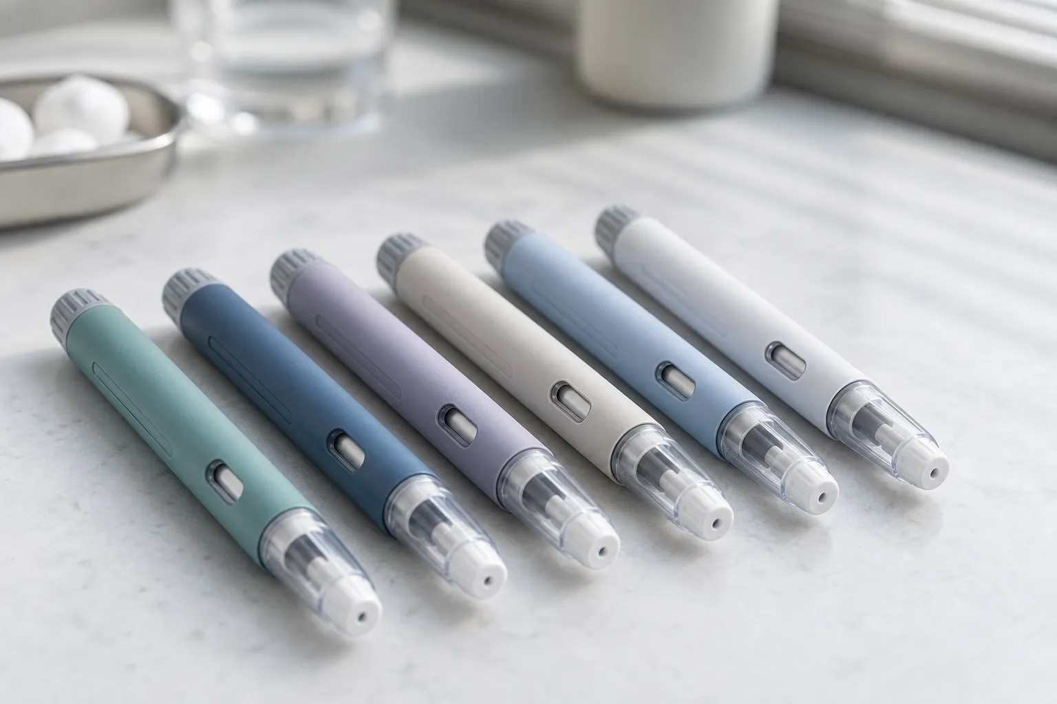 Mehrere generische Abnehmspritzen-Pens nebeneinander als Symbolbild Wirkstoff-Vergleich