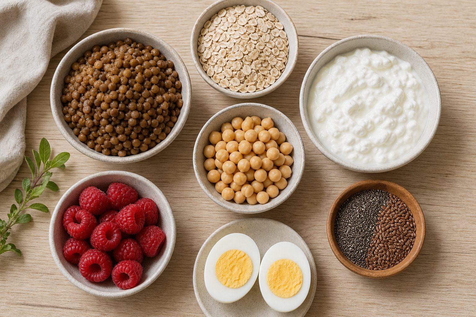 Schüsseln mit Linsen, Haferflocken, Magerquark, Kichererbsen, Beeren, Ei und Samen als ballaststoff- und eiweißreiche Lebensmittel