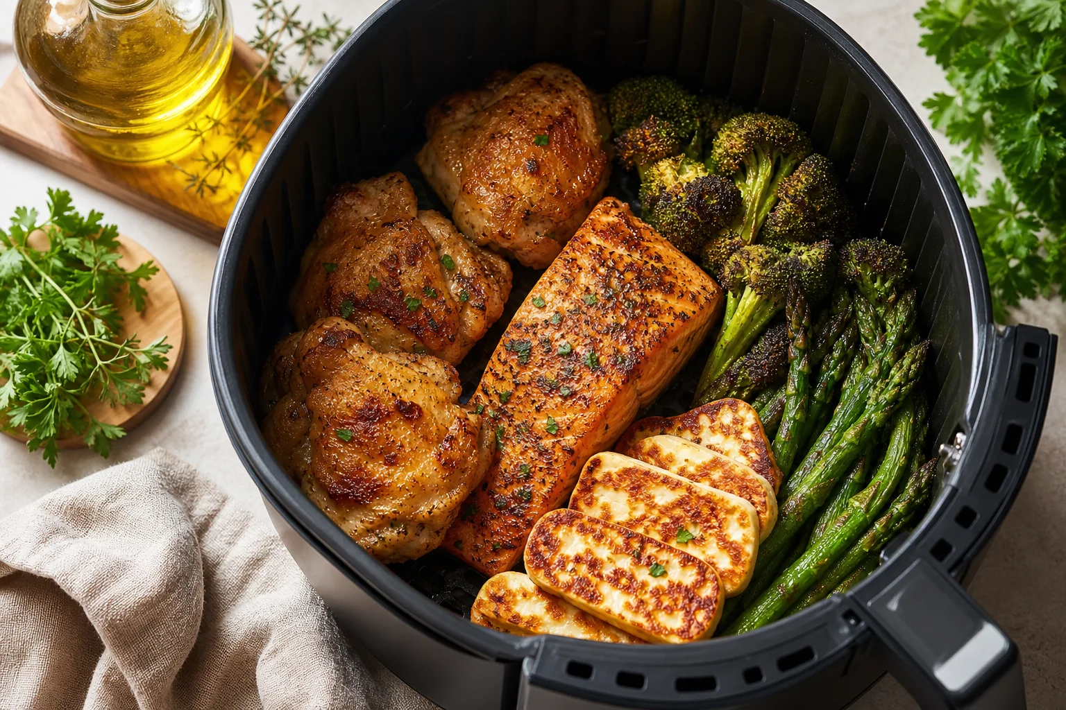 Airfryer-Korb mit keto-tauglichen Speisen: Hähnchen, Lachs, Brokkoli, Spargel und Halloumi