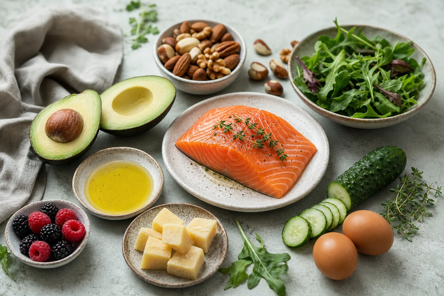 Ketogene Lebensmittel: Lachs, Avocado, Eier, Nüsse, Blattsalat, Olivenöl und Beeren auf hellem Untergrund