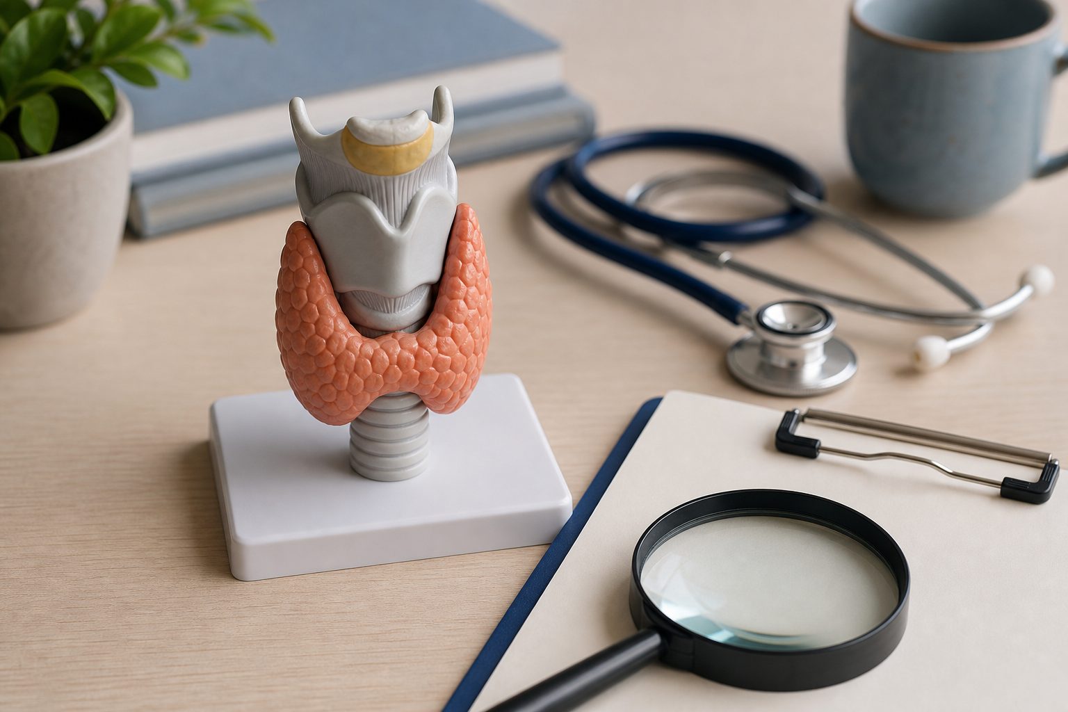 Anatomisches Schilddrüsen-Modell mit Stethoskop und Lupe als Symbol für den Faktencheck zum Krebsrisiko der Abnehmspritze