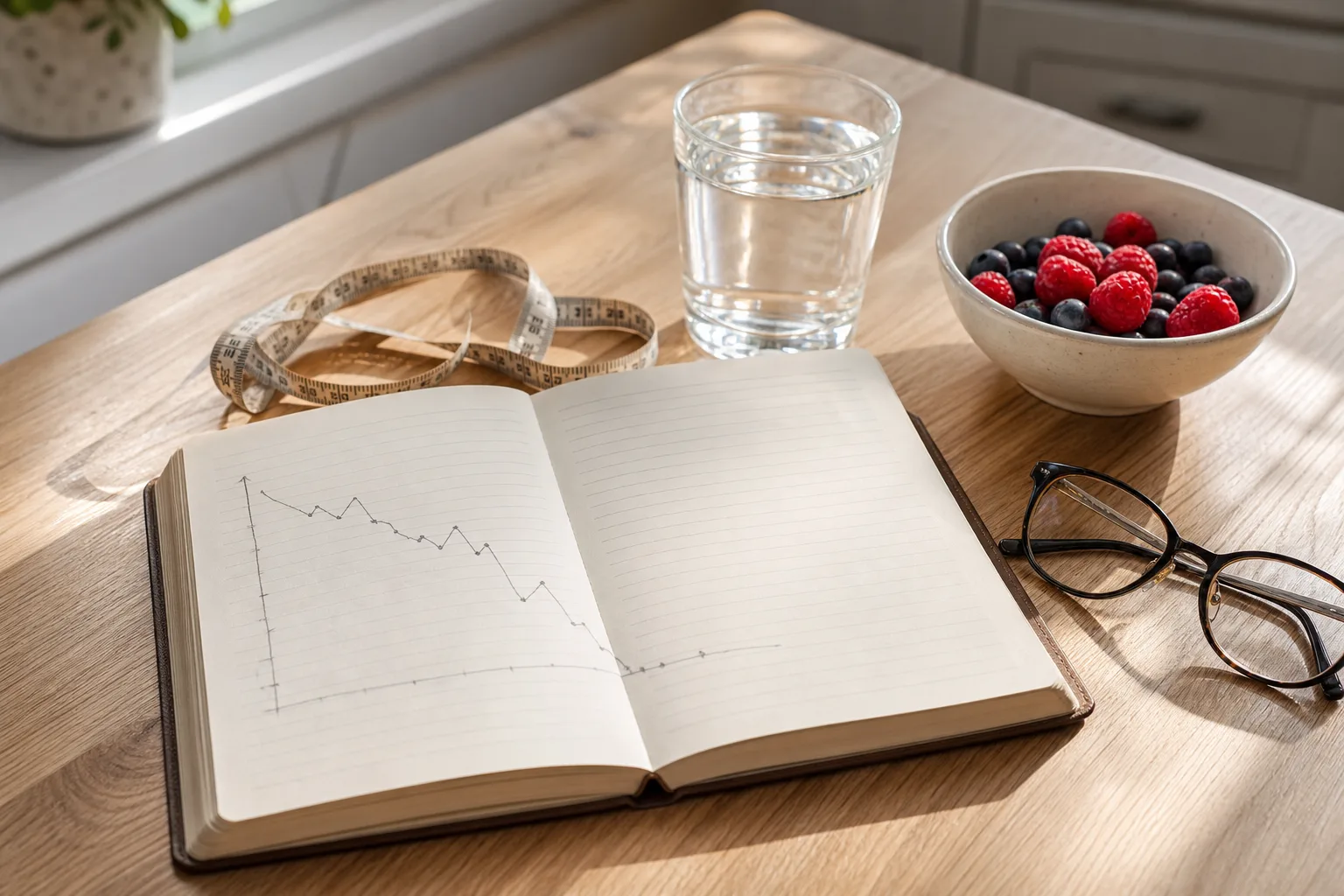 Notizbuch mit handgezeichneter Gewichtskurve, Maßband, Wasserglas und Beeren auf einem Küchentisch