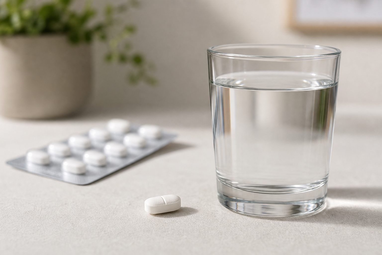 Weiße Tablette neben einem Glas Wasser und einem Blister als Symbol für die Abnehmpille (orales GLP-1)