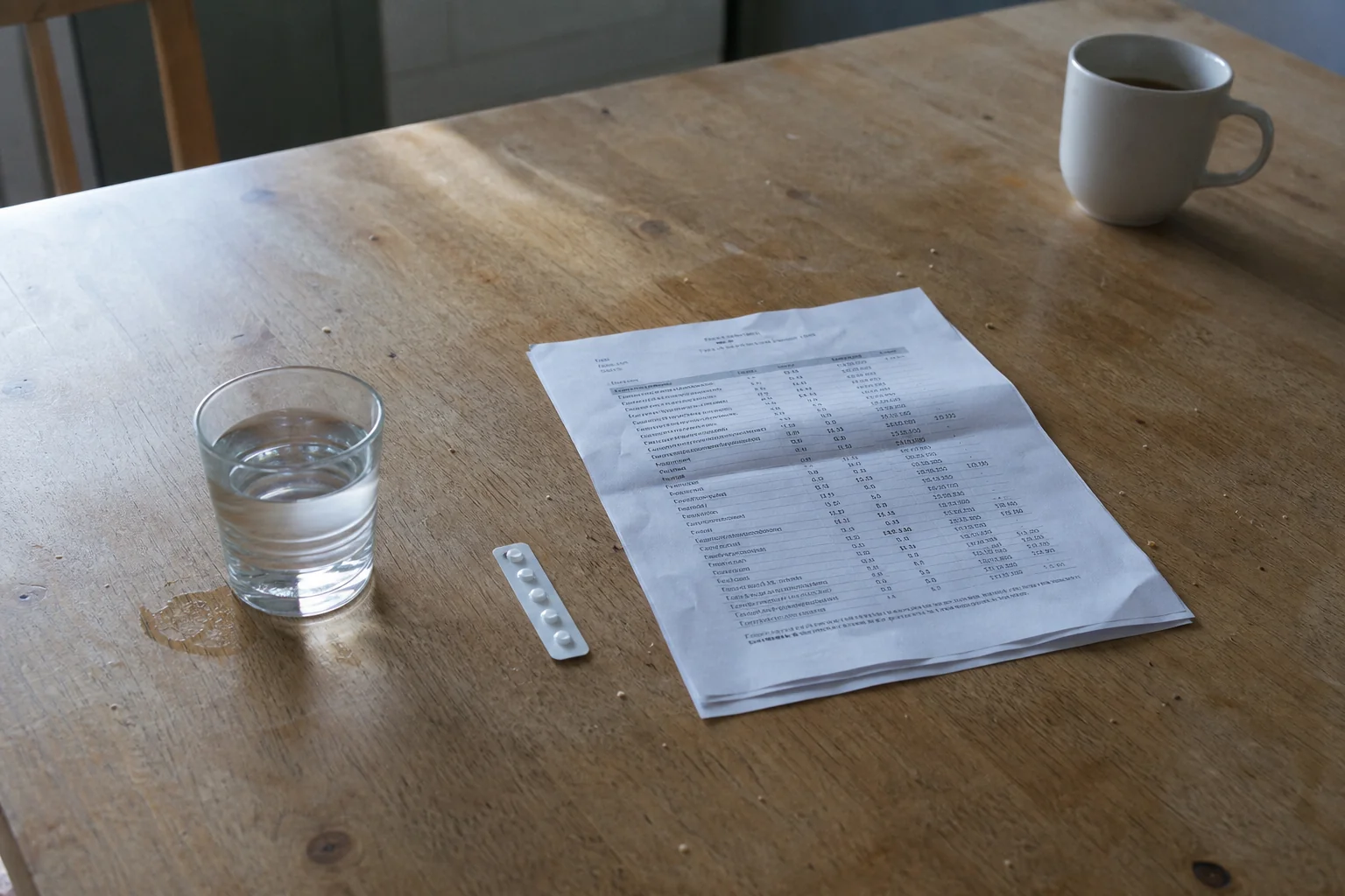 Glas Wasser, ein Blister mit Schilddrüsentabletten und ein Laborbefund auf einem Küchentisch, die Kaffeetasse steht bewusst weit entfernt
