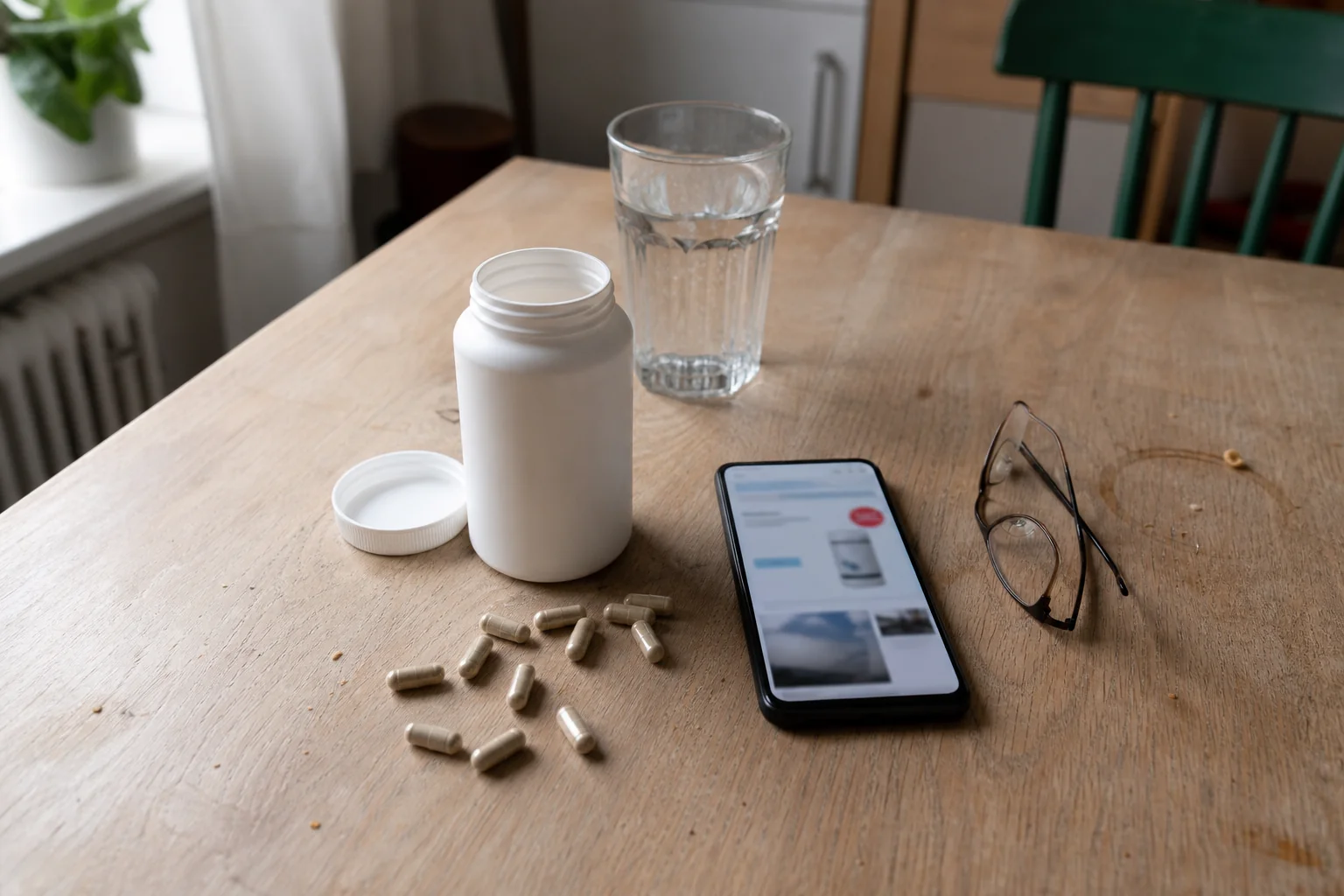 Unbeschriftete weiße Dose mit hellen Kapseln auf einem Küchentisch, daneben ein Smartphone mit einer Werbeanzeige, Wasserglas und Lesebrille